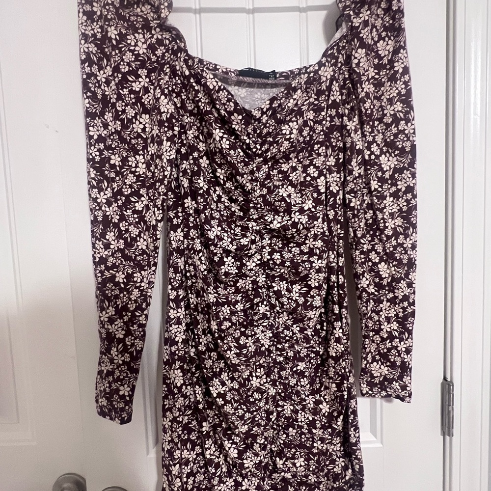ASOS Brown and White Off the Shoulder Puff Sleeve Dress - Picture 2 of 10